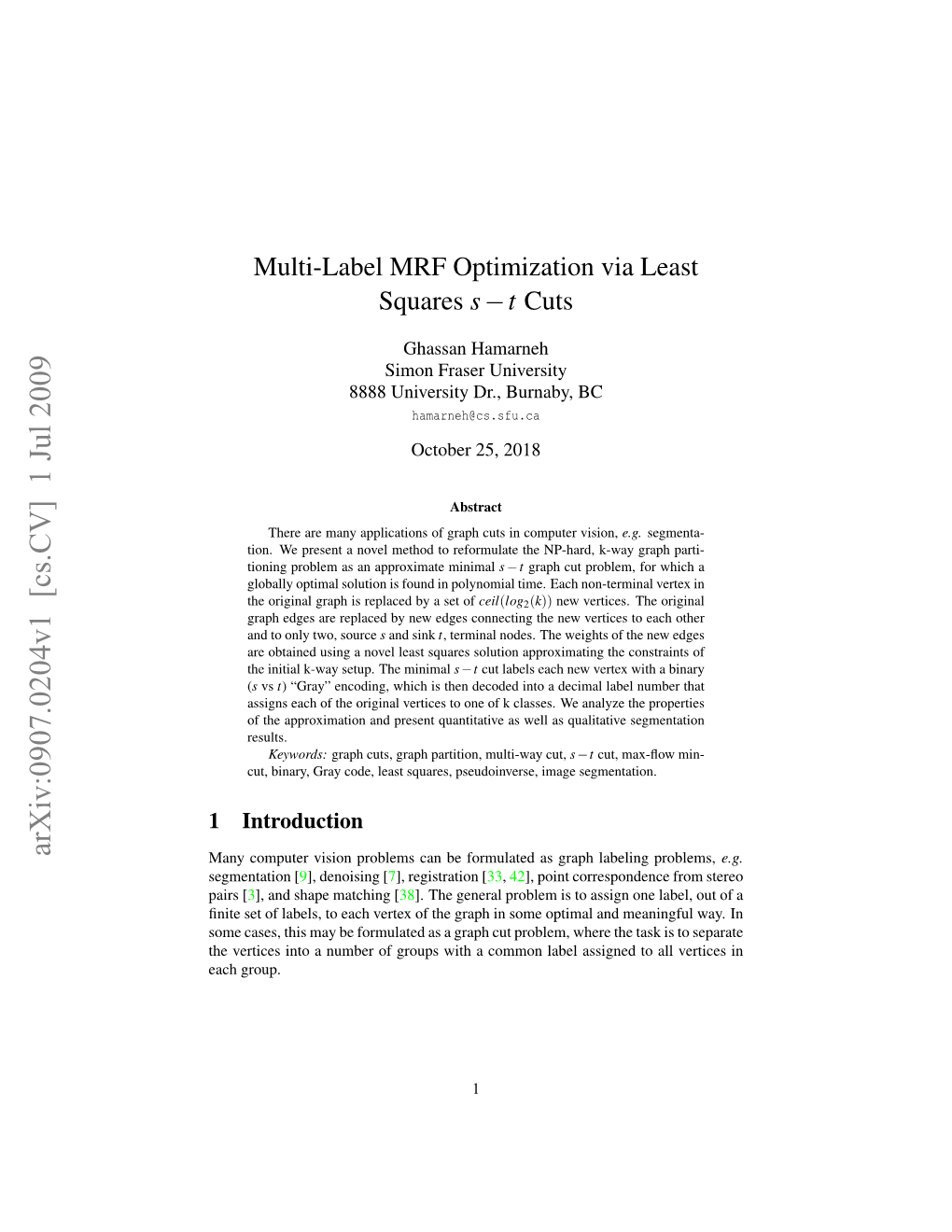 Multi-Label MRF Optimization Via Least Squares St Cuts