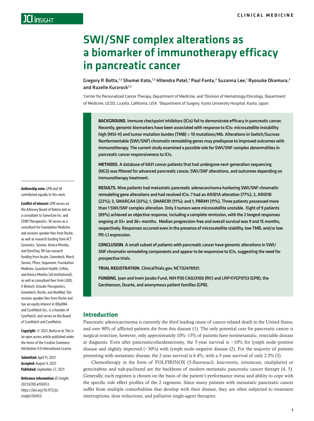 1 SWI/SNF Complex Alterations As a 2 Biomarker Of