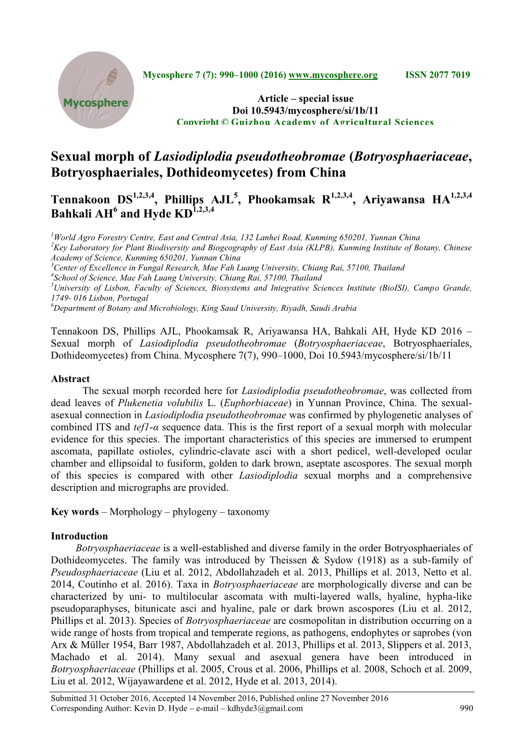 Sexual Morph of Lasiodiplodia Pseudotheobromae (Botryosphaeriaceae, Botryosphaeriales, Dothideomycetes) from China