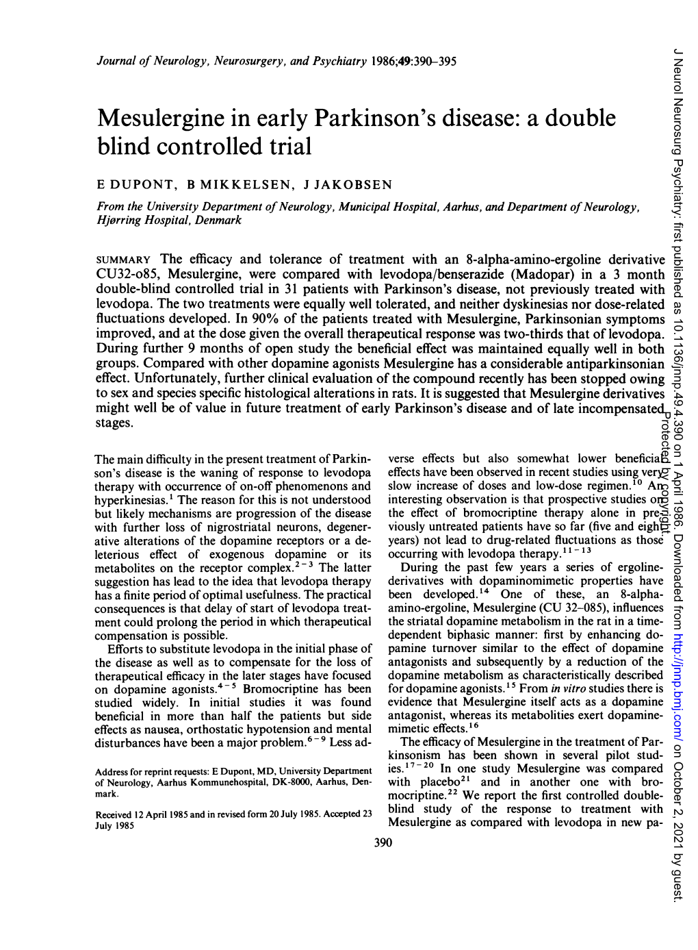 Mesulergine in Early Parkinson's Disease: a Double Blind Controlled Trial