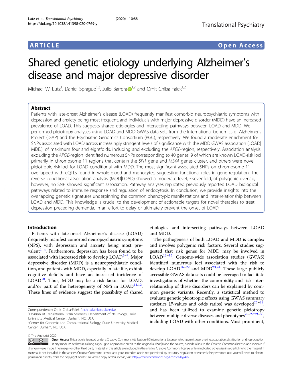 Shared Genetic Etiology Underlying Alzheimer's Disease and Major Depressive Disorder
