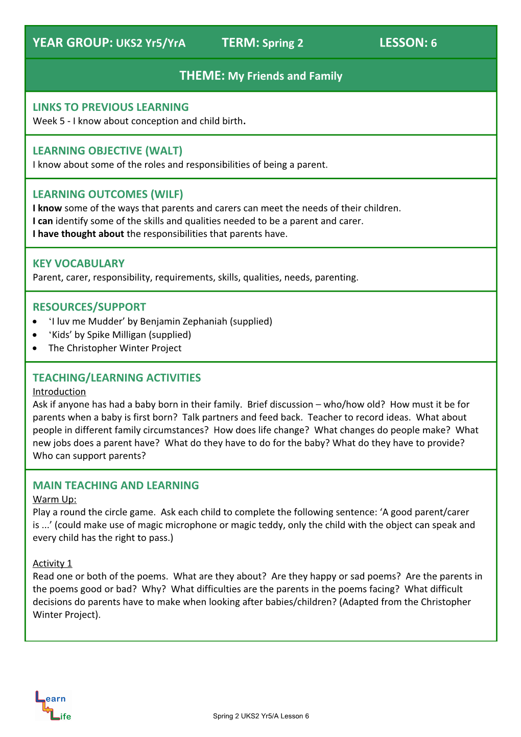 YEAR GROUP: LKS2 TERM: Autumn LESSON: 1