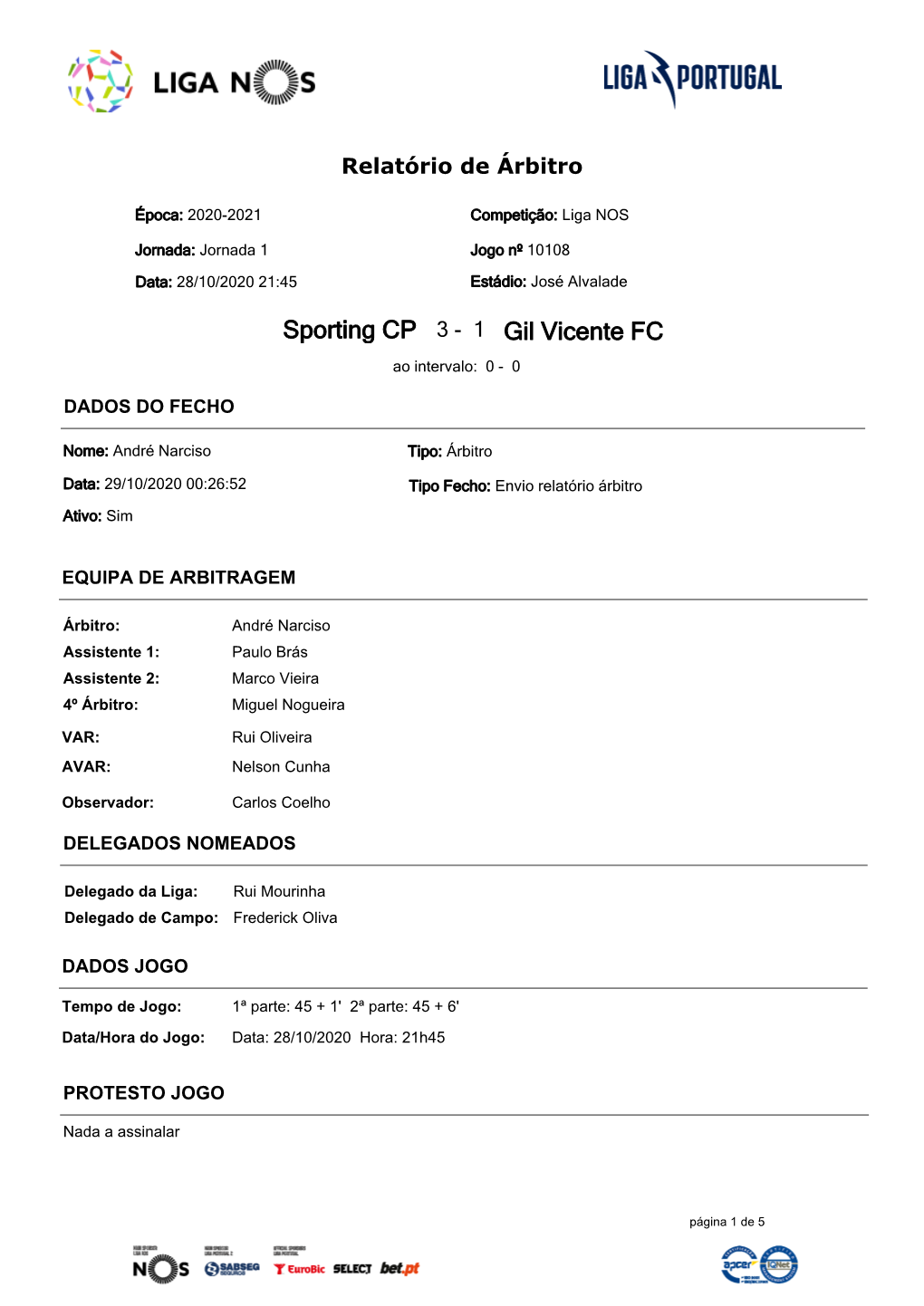 Sporting CP 3 - 1 Gil Vicente FC Ao Intervalo: 0 - 0