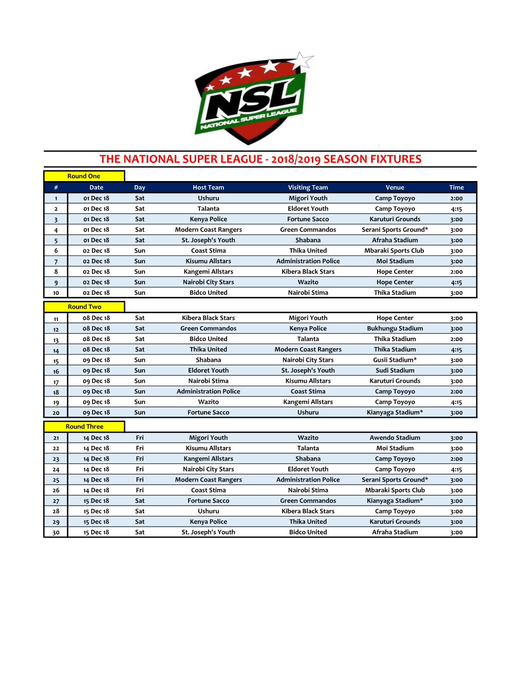 2018/2019 Season Fixtures