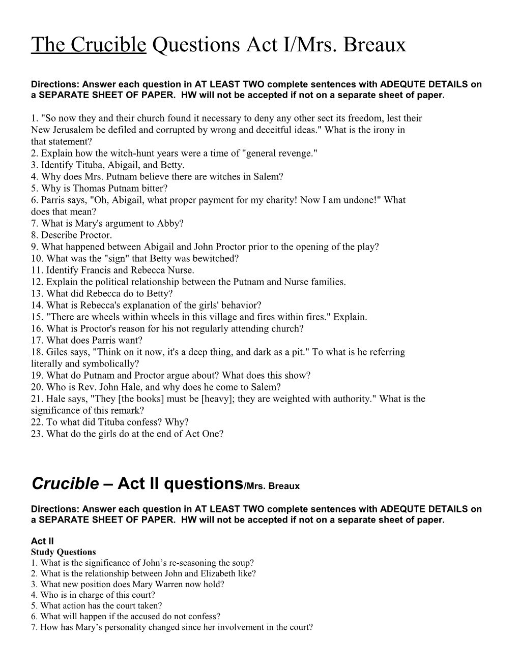 Crucible – Act II, III, And IV Questions/Ms