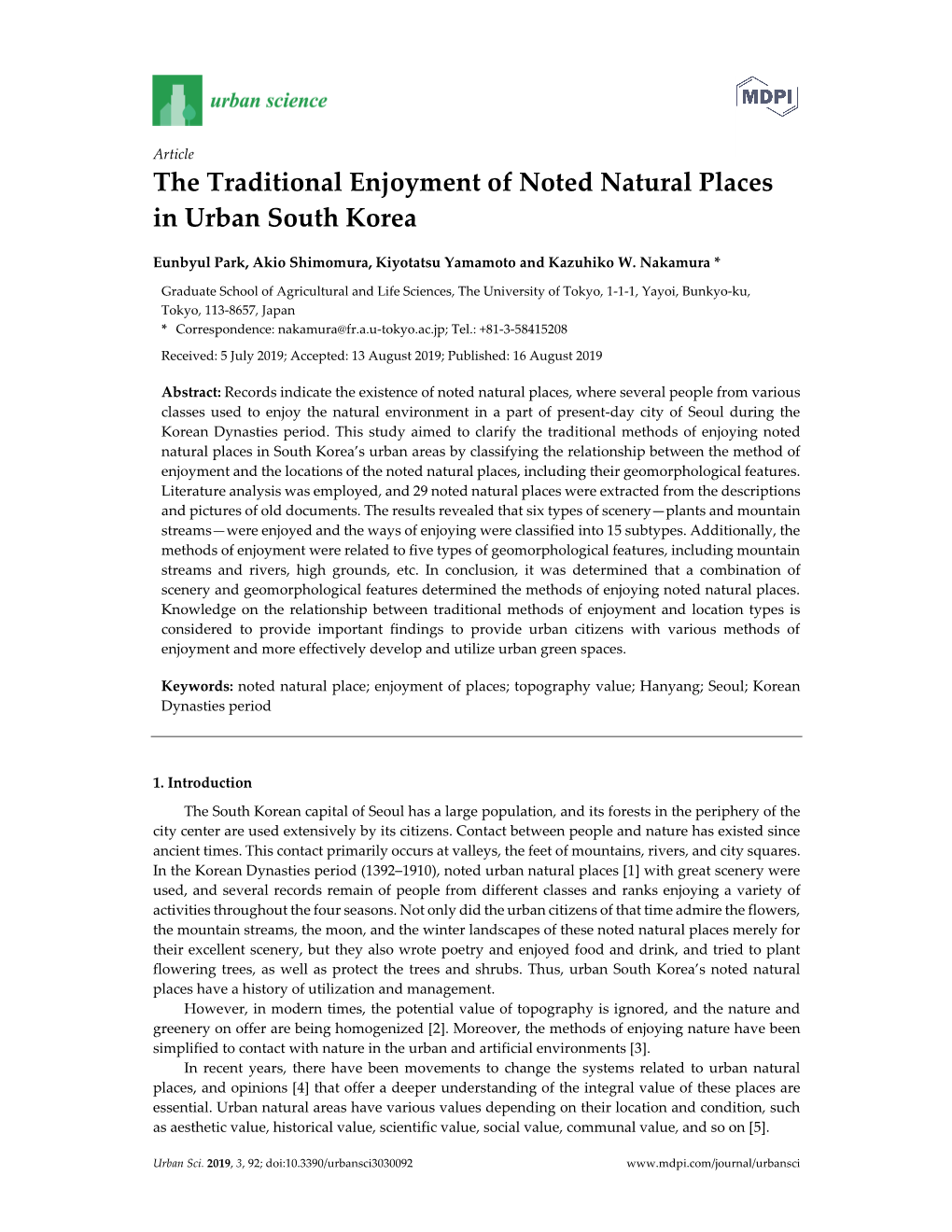 The Traditional Enjoyment of Noted Natural Places in Urban South Korea