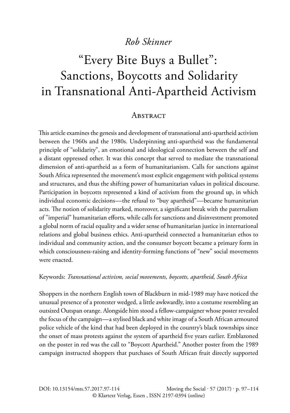 Sanctions, Boycotts and Solidarity in Transnational Anti-Apartheid Activism