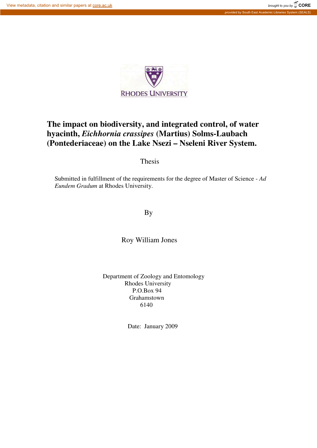 The Impact on Biodiversity, and Integrated Control, of Water