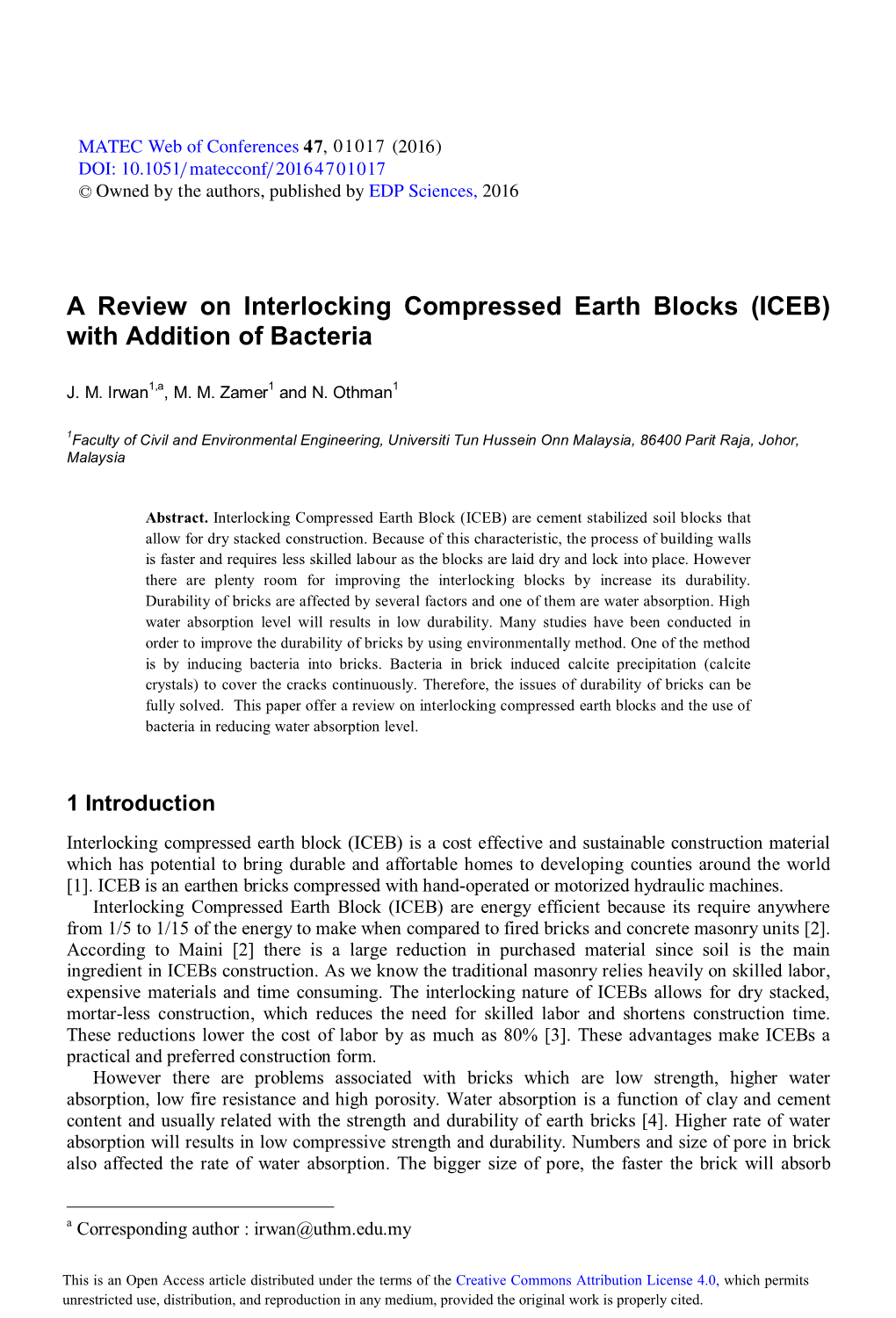 A Review on Interlocking Compressed Earth Blocks (ICEB) with Addition of Bacteria