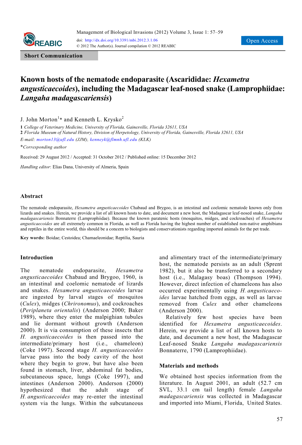 Known Hosts of the Nematode Endoparasite (Ascarididae