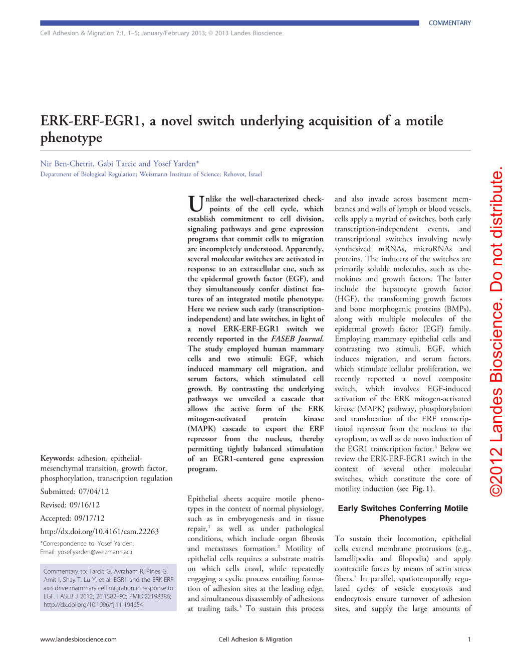 ERK-ERF-EGR1, a Novel Switch Underlying Acquisition of a Motile