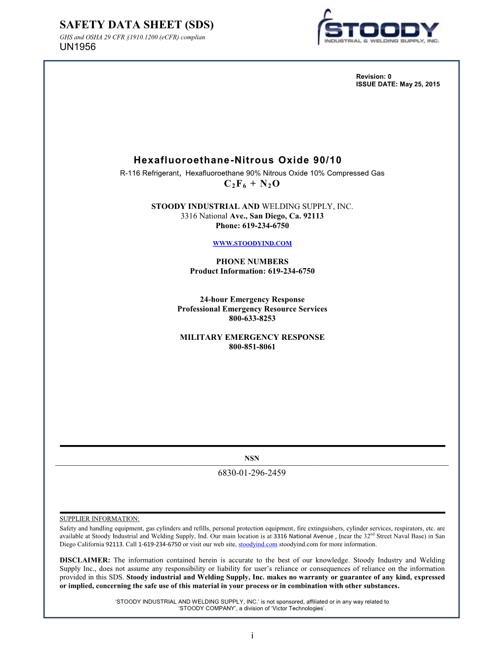 SAFETY DATA SHEET (SDS) GHS and OSHA 29 CFR §1910.1200 (Ecfr) Complian UN1956