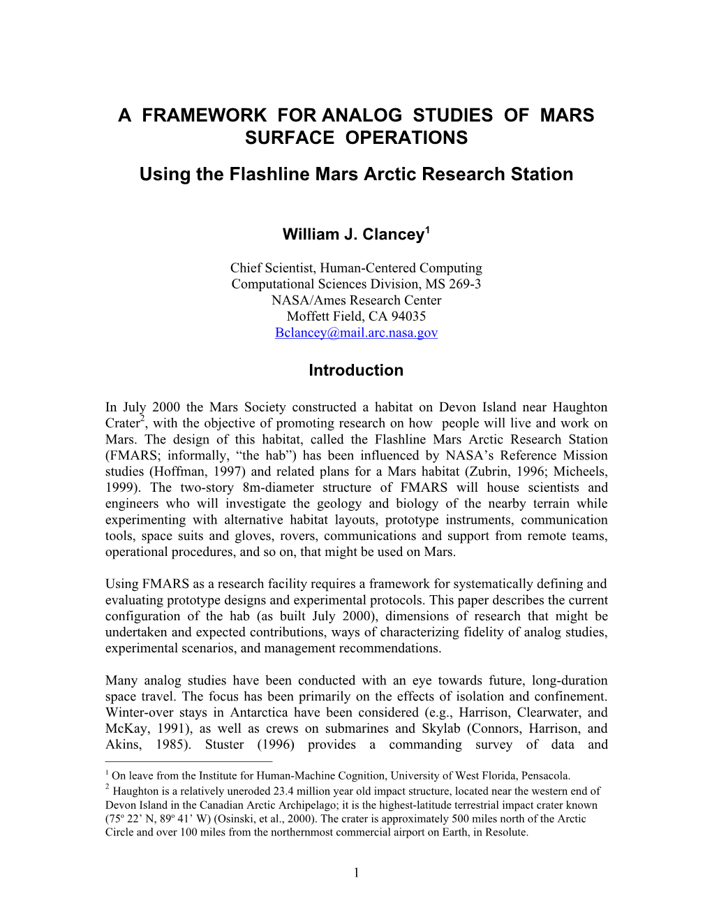 A Framework for Analog Studies of Mars Surface Operations: Using The