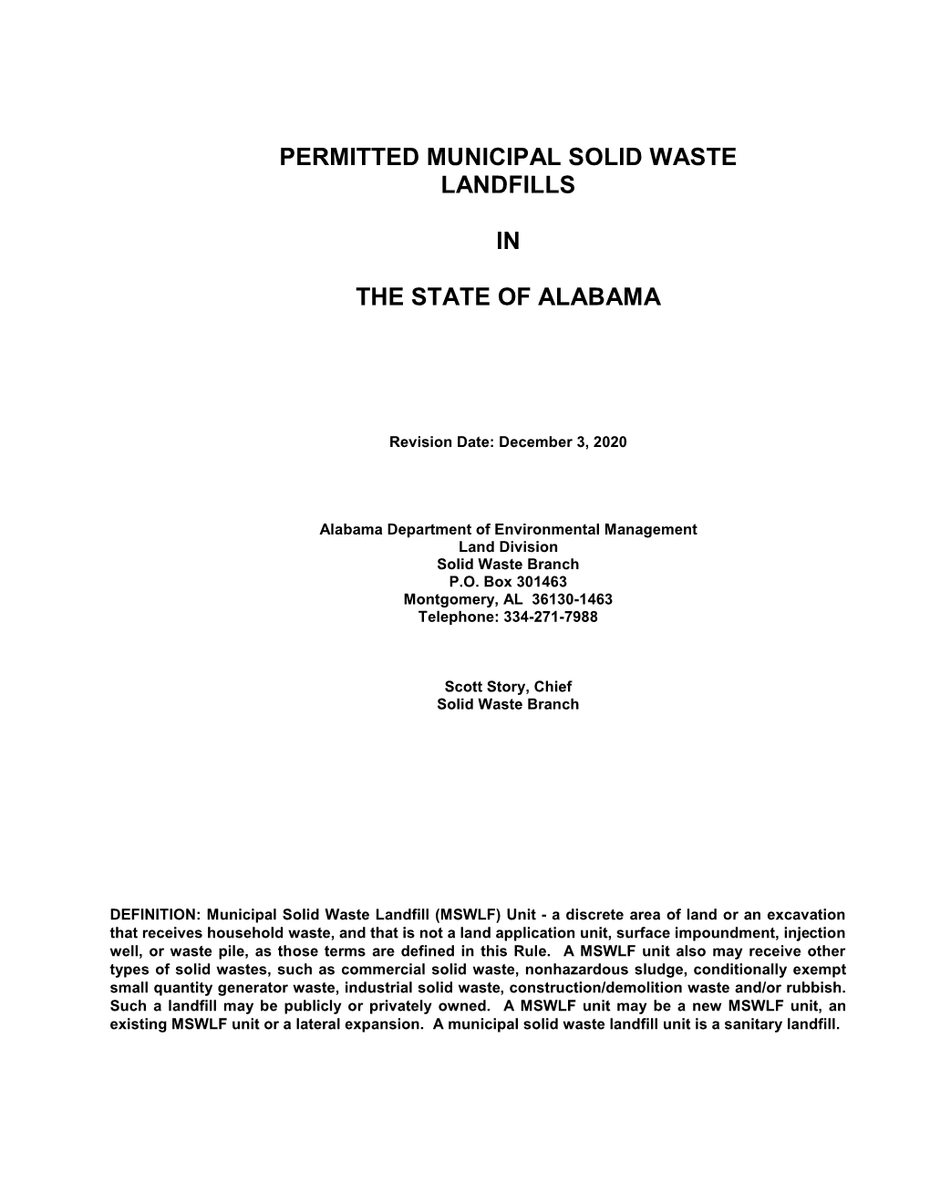 Permitted Municipal Solid Waste Landfills in the State of Alabama