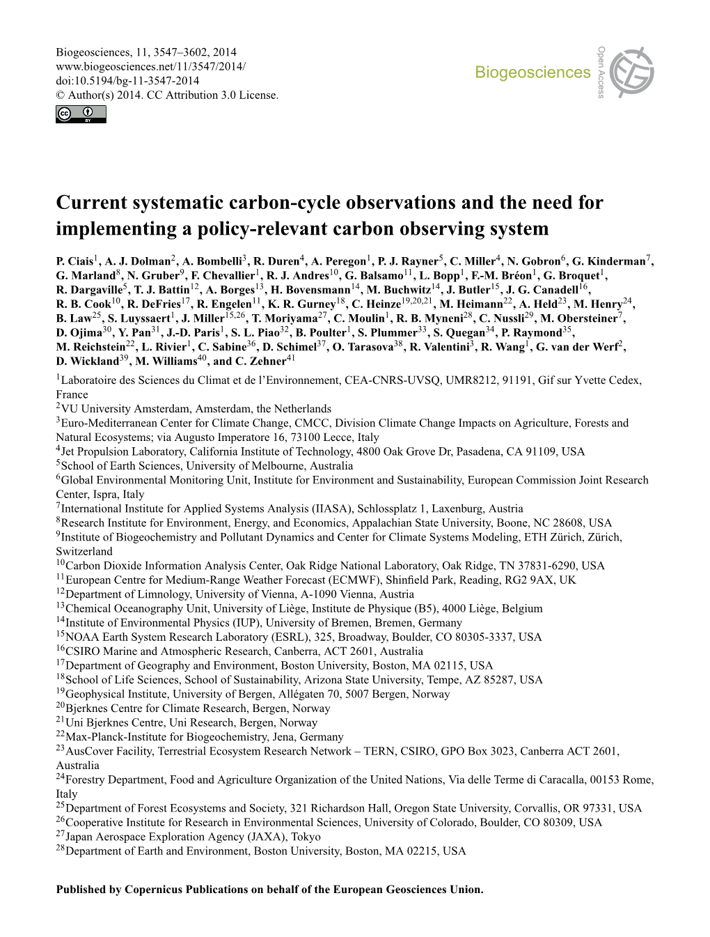 2014 ​​Current Systematic Carbon-Cycle Observations