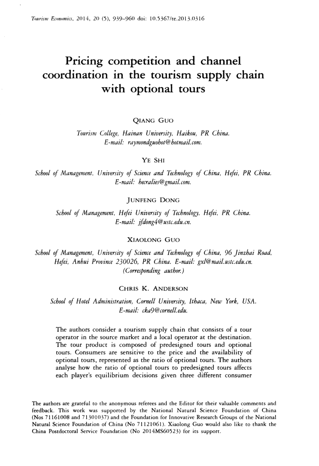 Pricing Competition and Channel Coordination in the Tourism Supply Chain with Optional Tours