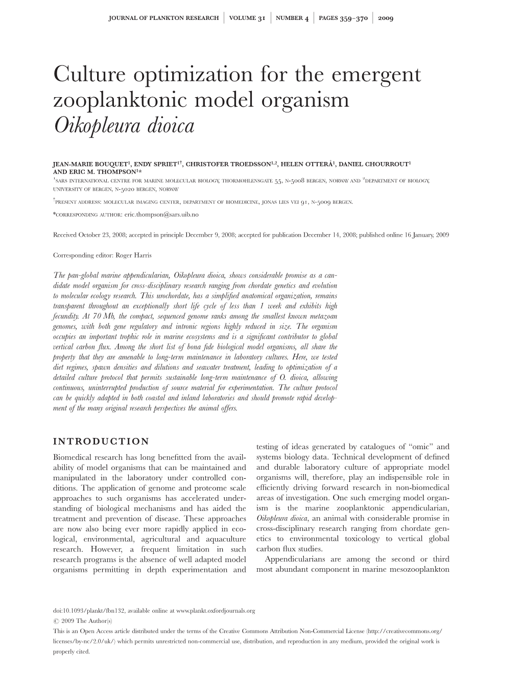 Culture Optimization for the Emergent Zooplanktonic Model Organism Oikopleura Dioica