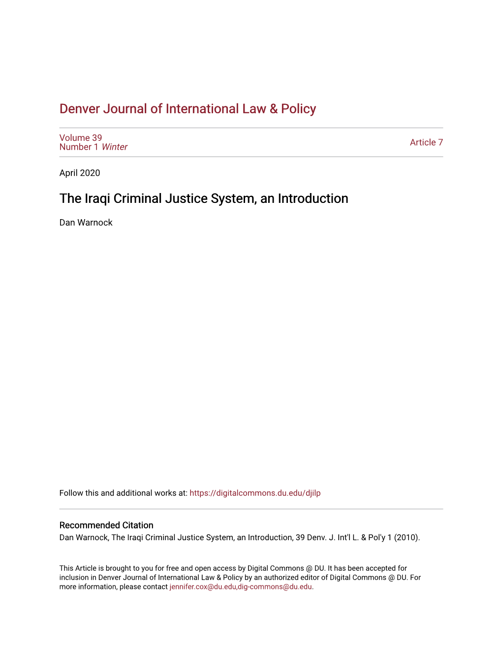 The Iraqi Criminal Justice System, an Introduction
