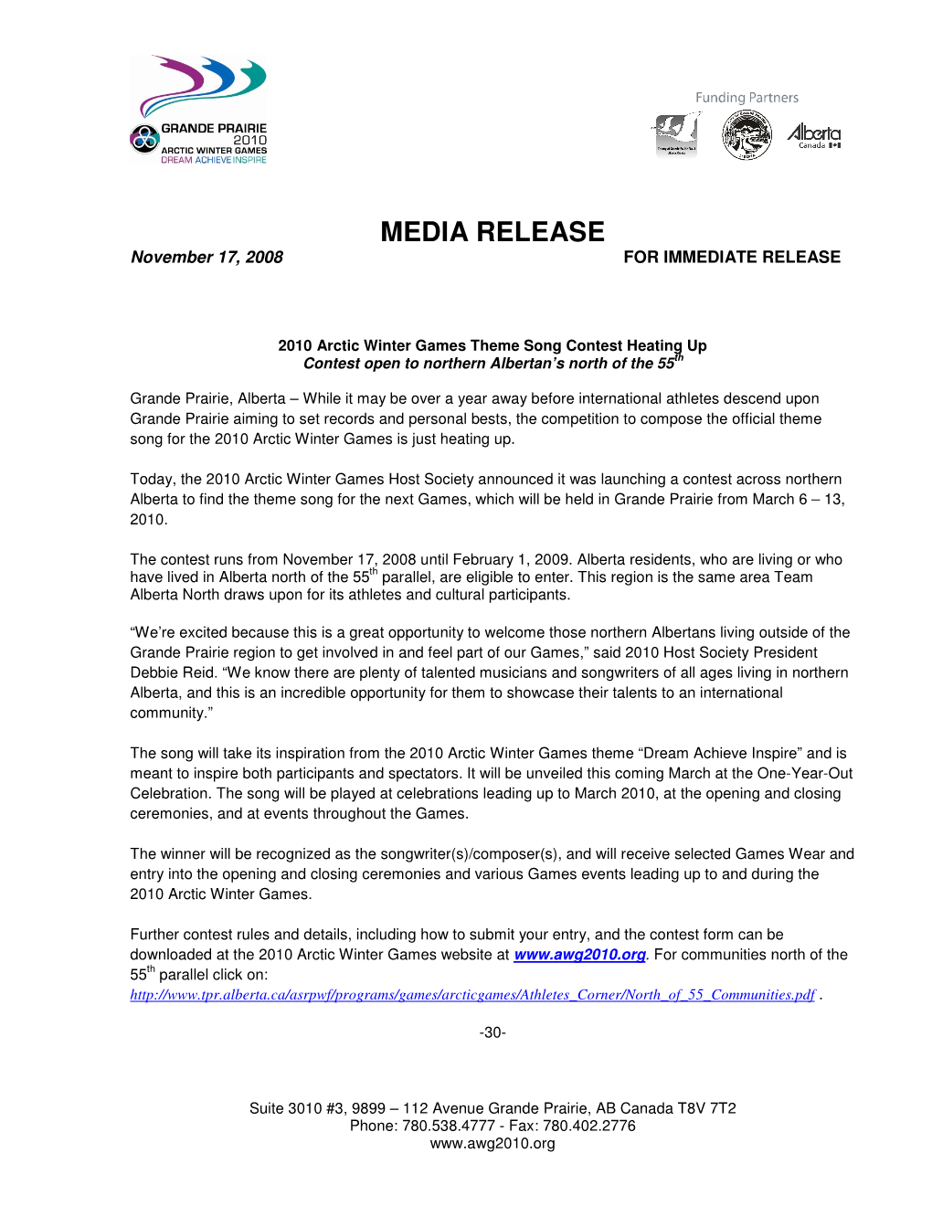 MEDIA RELEASE November 17, 2008 for IMMEDIATE RELEASE