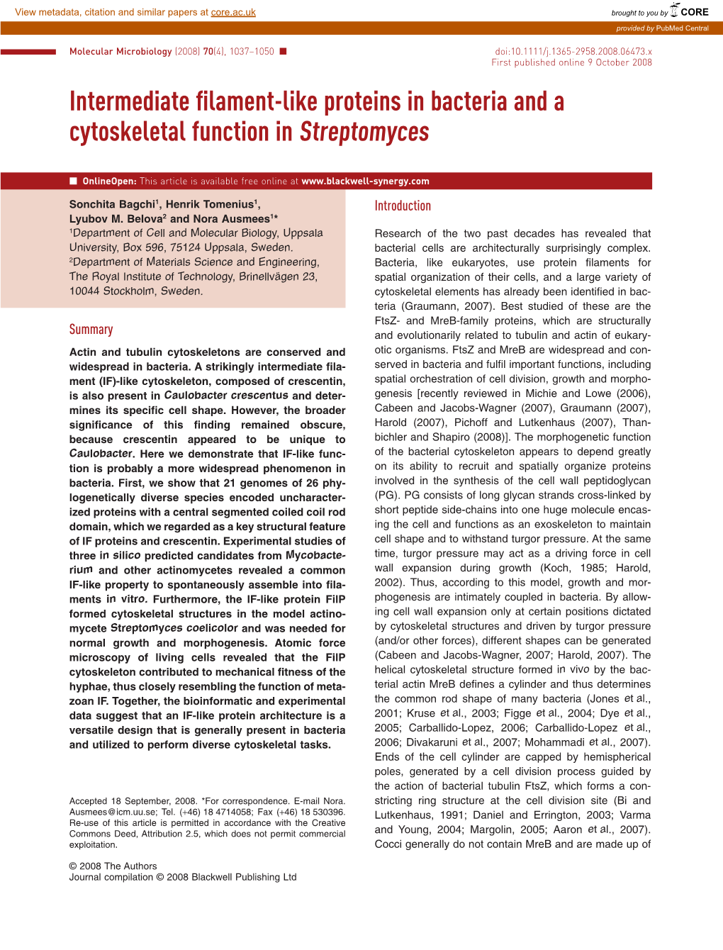 Intermediate Filament-Like Proteins in Bacteria and a Cytoskeletal Function