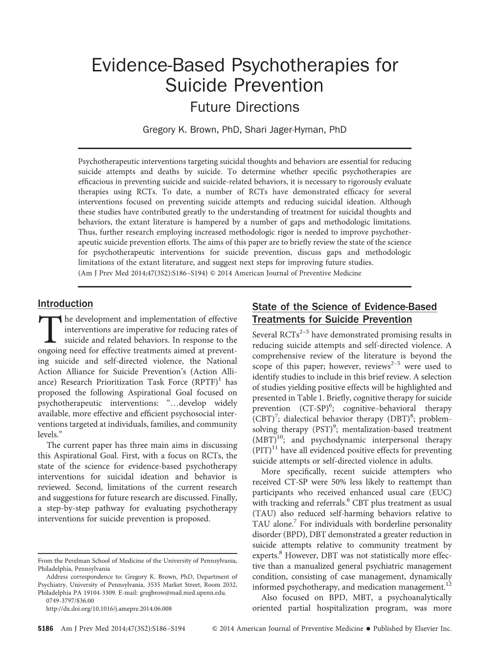 Evidence-Based Psychotherapies for Suicide Prevention Future Directions Gregory K