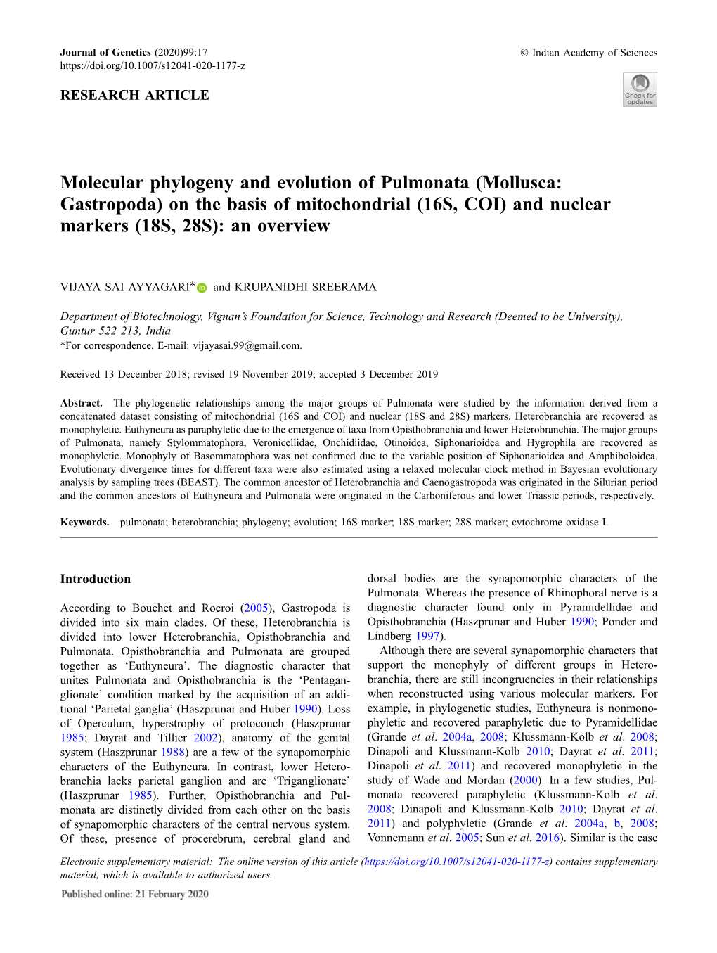 Molecular Phylogeny and Evolution of Pulmonata (Mollusca: Gastropoda) on the Basis of Mitochondrial (16S, COI) and Nuclear Markers (18S, 28S): an Overview