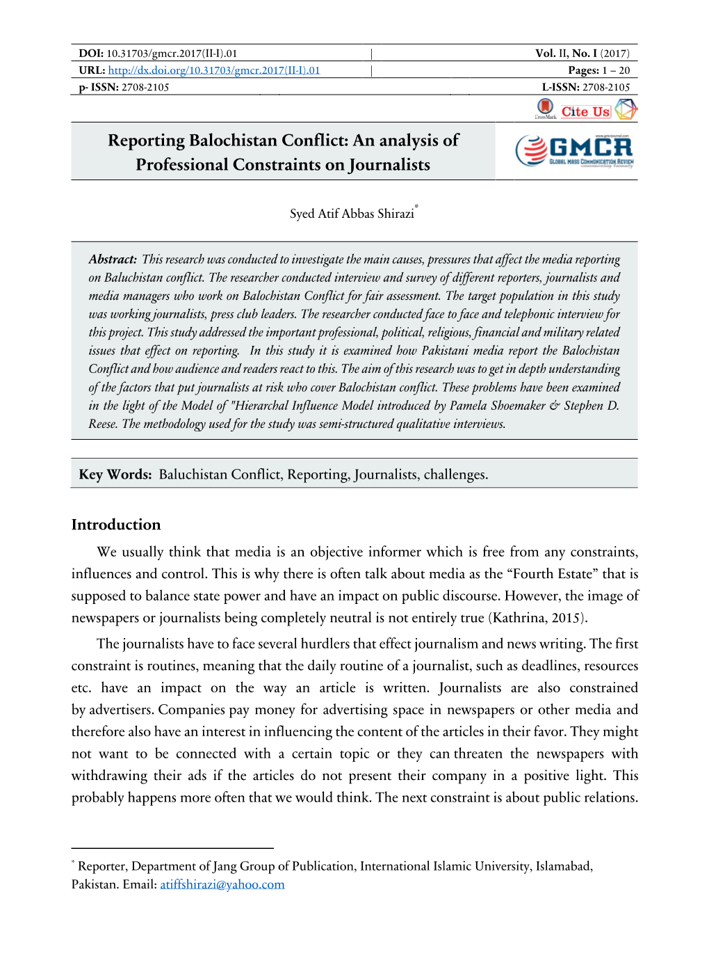 Reporting Balochistan Conflict: an Analysis of Professional Constraints on Journalists