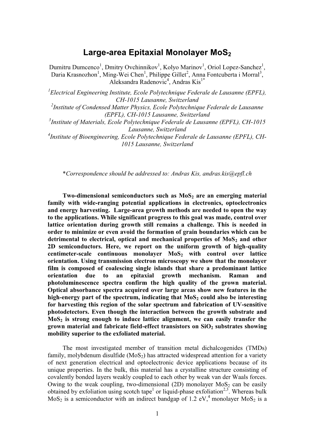 Large-Area Epitaxial Monolayer Mos2