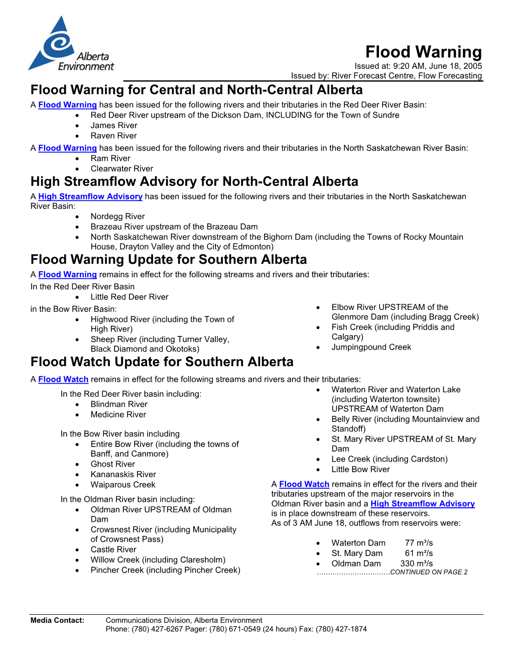 Flood Warning Update for Southern Alberta
