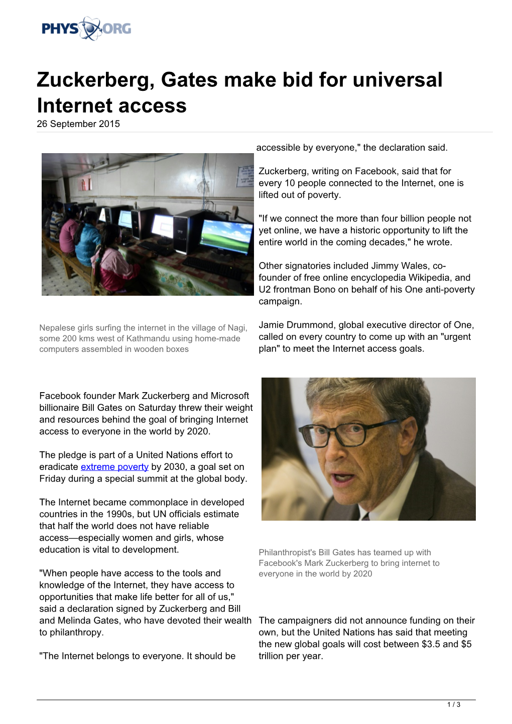 Zuckerberg, Gates Make Bid for Universal Internet Access 26 September 2015