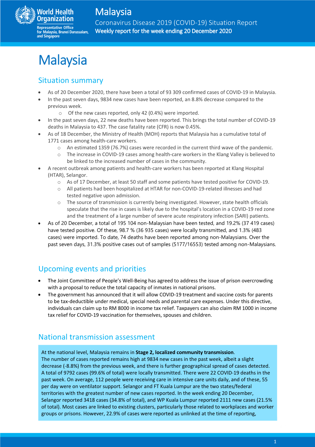 Malaysia Coronavirus Disease 2019 (COVID-19) Situation Report Weekly Report for the Week Ending 20 December 2020