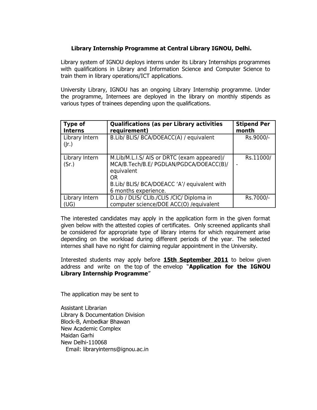 Sub: Library Internship Programme at Central Library IGNOU, Delhi