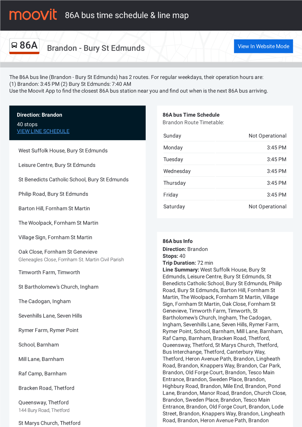 86A Bus Time Schedule & Line Route