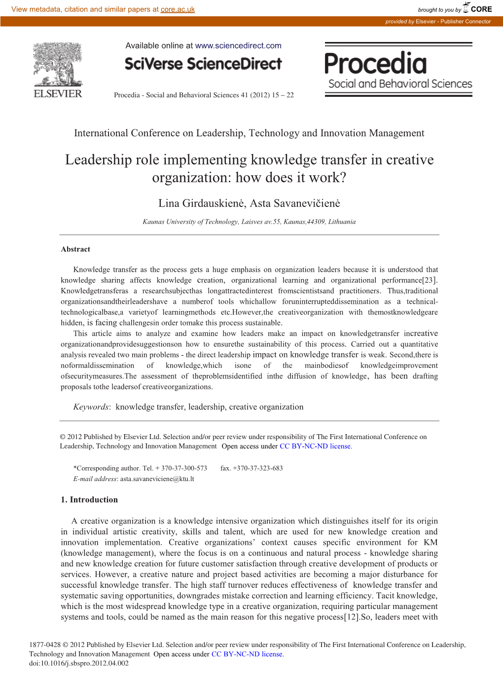 Leadership Role Implementing Knowledge Transfer in Creative Organization: How Does It Work?
