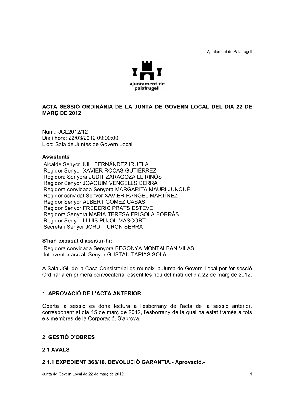 Acta De La Junta De Govern Local De 22 De Març De 2012