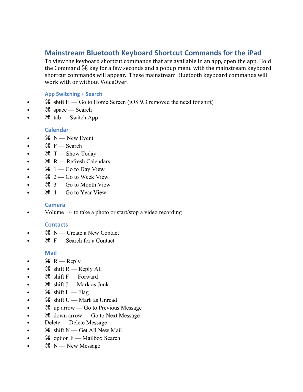 Mainstream Bluetooth Keyboard Shortcut Commands for the Ipad