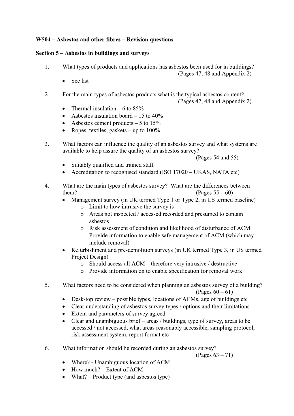 W504 Asbestos and Other Fibres Revision Questions