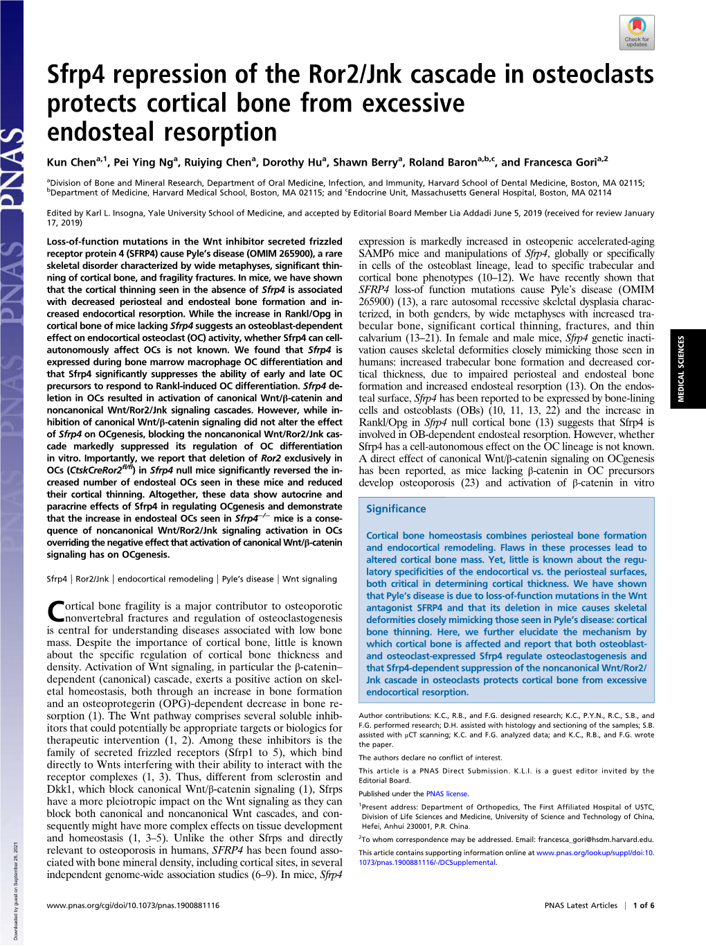 Sfrp4 Repression of the Ror2/Jnk Cascade in Osteoclasts Protects Cortical Bone from Excessive Endosteal Resorption