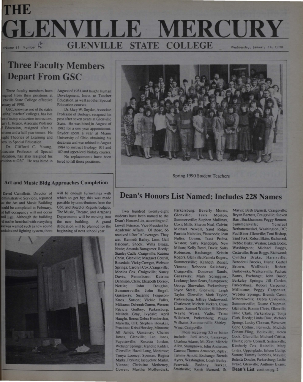 LENVILLE MERCURY If, Volume 61 Number 'Is GLENVILLE STATE COLLEGE Wednesda/, /Anuar'; 24, 1990