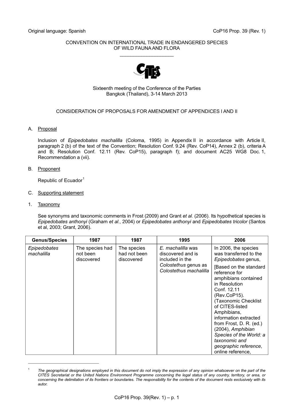 Proposal to Amend Appendix I Or II for CITES Cop16