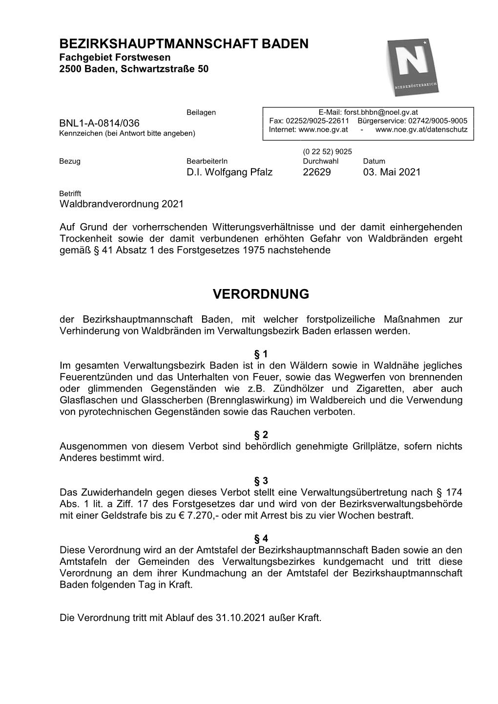 Bezirkshauptmannschaft Baden Verordnung