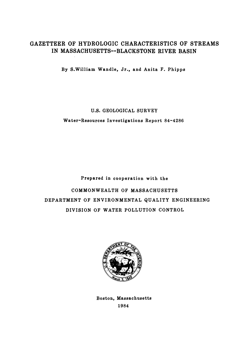 Gazetteer of Hydrologic Characteristics of Streams in Massachusetts Blackstone River Basin