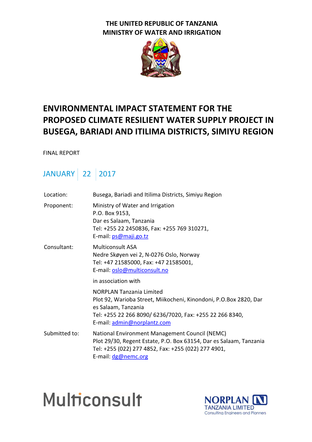 Environmental Impact Statement for the Proposed Climate Resilient Water Supply Project in Busega, Bariadi and Itilima Districts, Simiyu Region