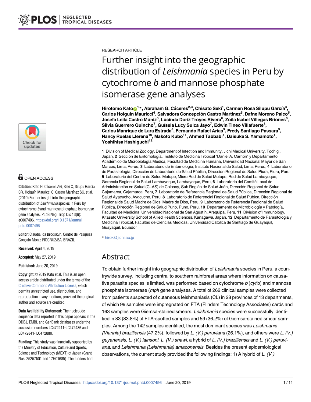 Further Insight Into the Geographic Distribution of Leishmania Species in Peru by Cytochrome B and Mannose Phosphate Isomerase Gene Analyses