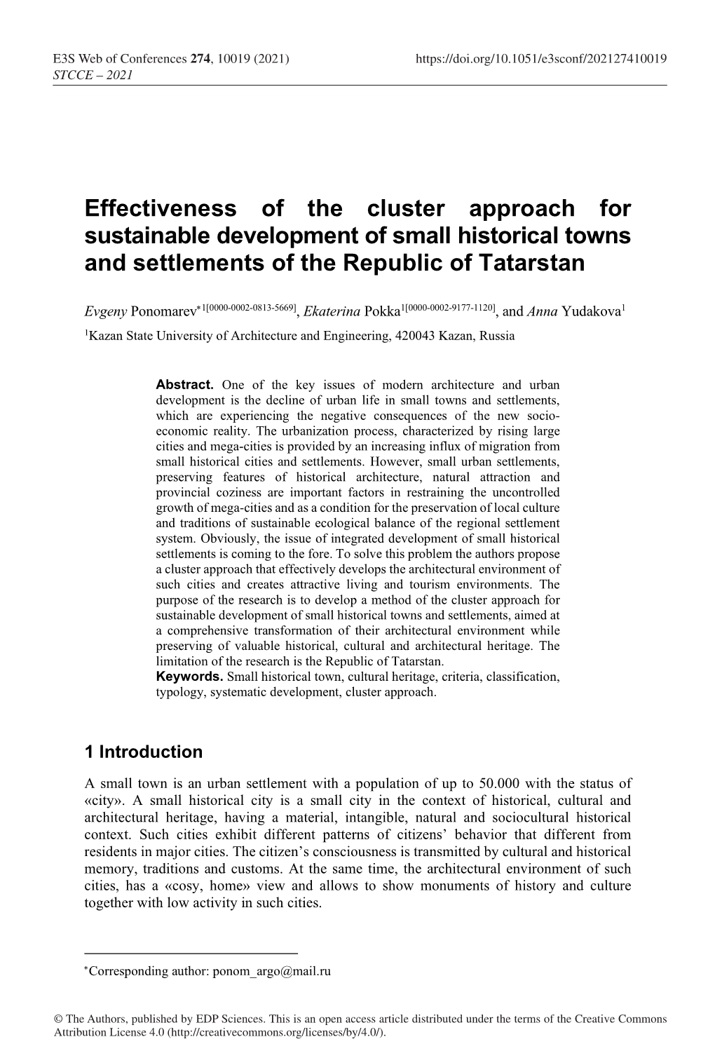 Effectiveness of the Cluster Approach for Sustainable Development of Small Historical Towns and Settlements of the Republic of Tatarstan