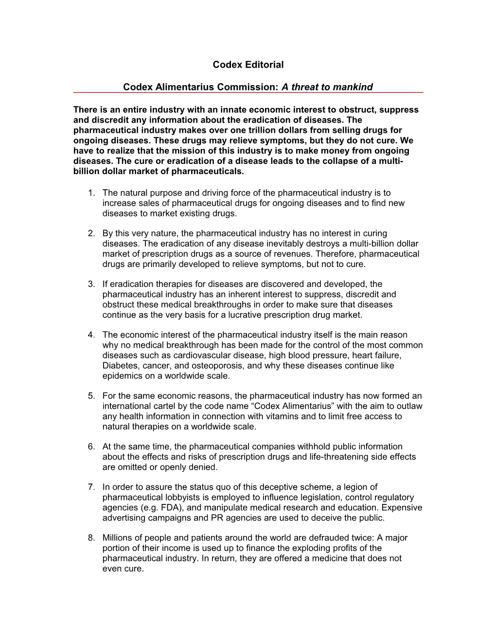 Codex Alimentarius Commission: a Threat to Mankind