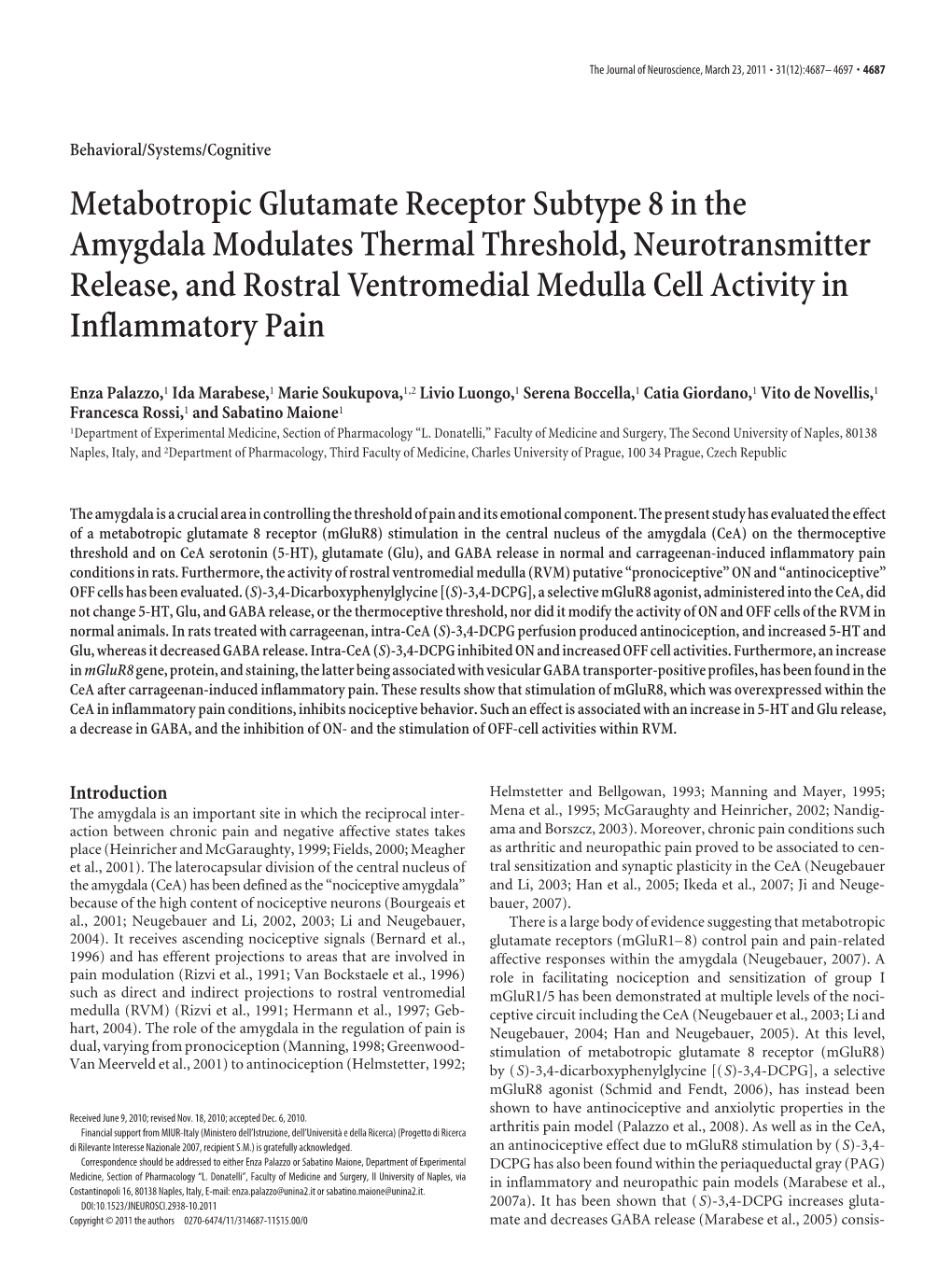 Metabotropic Glutamate Receptor Subtype 8 in the Amygdala Modulates Thermal Threshold, Neurotransmitter Release, and Rostral