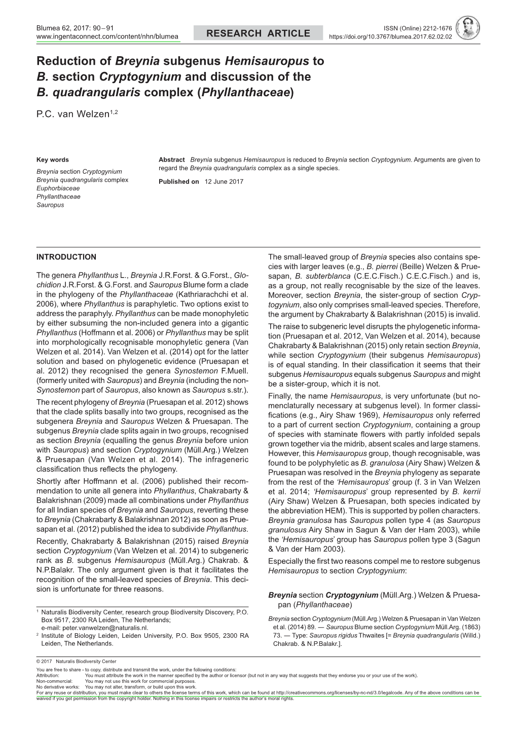 Reduction of &lt;I&gt;Breynia&lt;/I&gt; Subgenus &lt;I