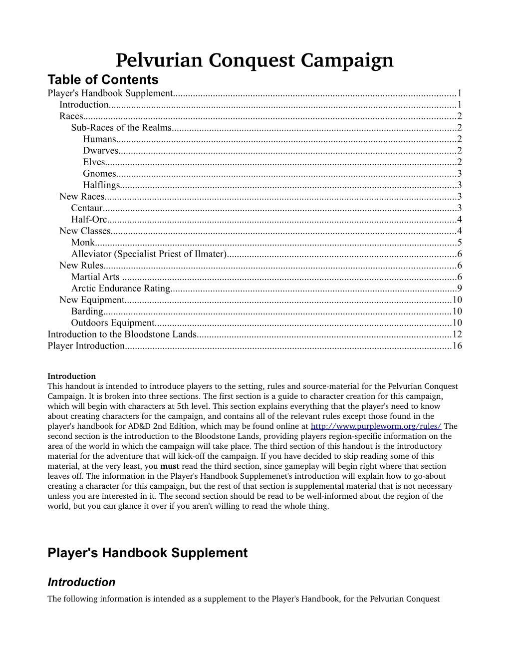 Pelvurian Conquest Campaign Table of Contents Player's Handbook Supplement