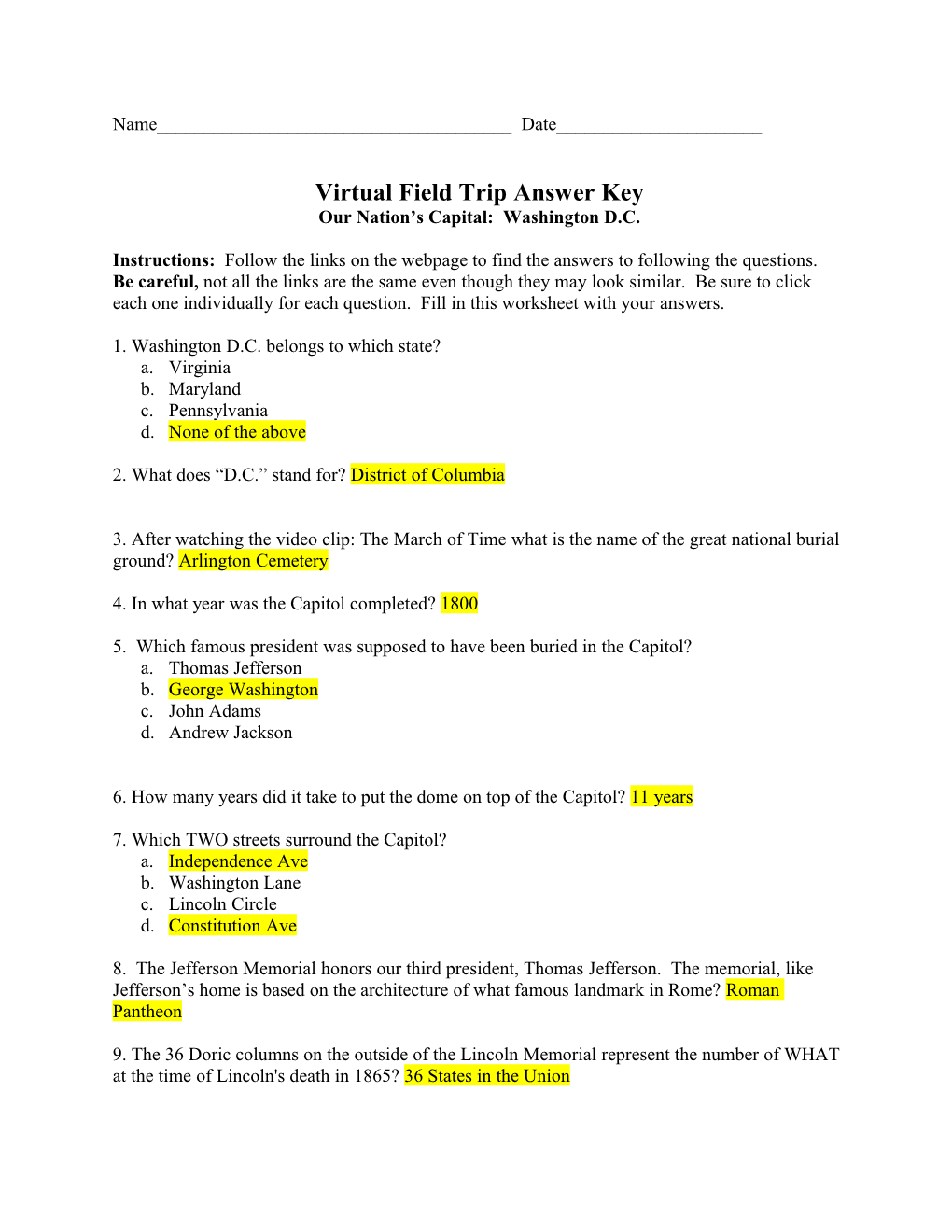 Virtual Field Trip Answer Key